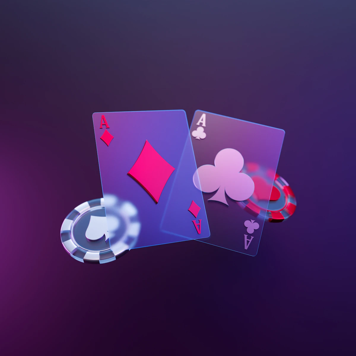 Cartes à jouer et jeton de casino sur fond violet